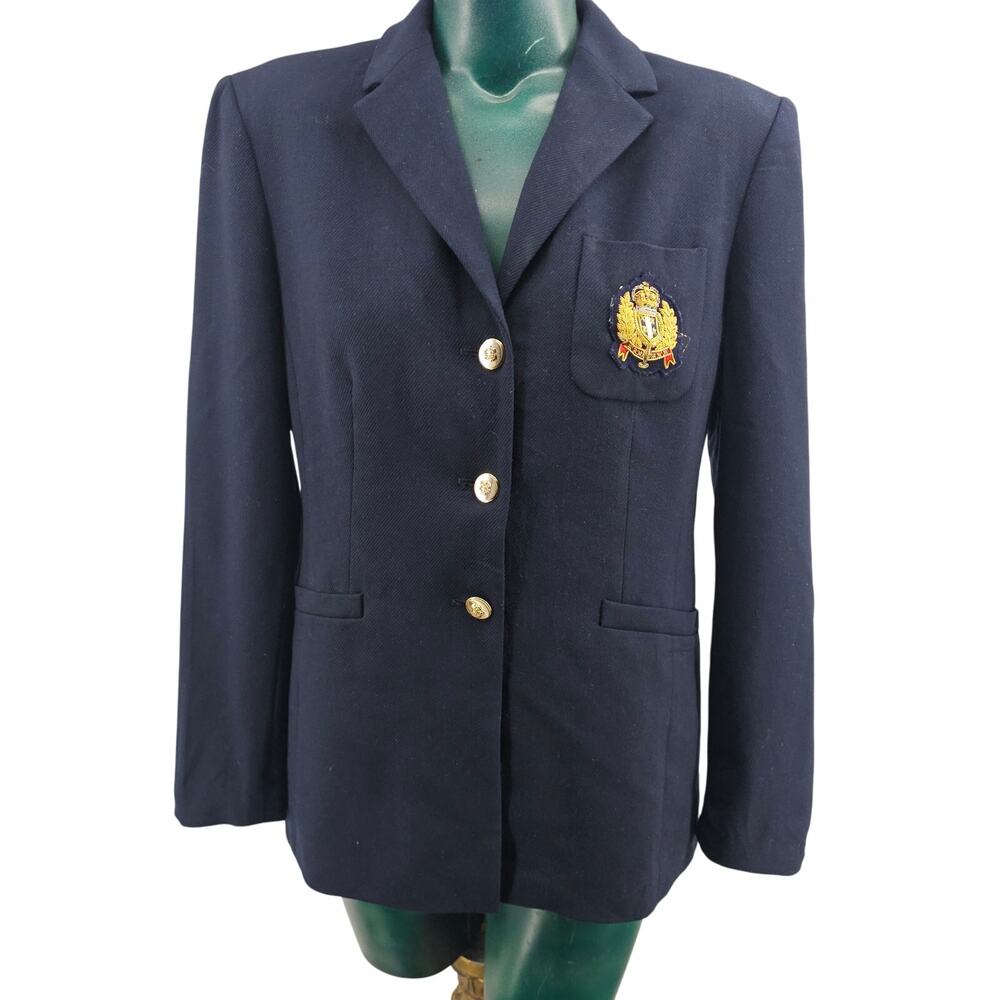Talbots Navy Blue Gold Tone Embroidery Wool Blazer Jacket Preppy Women's 4 3611